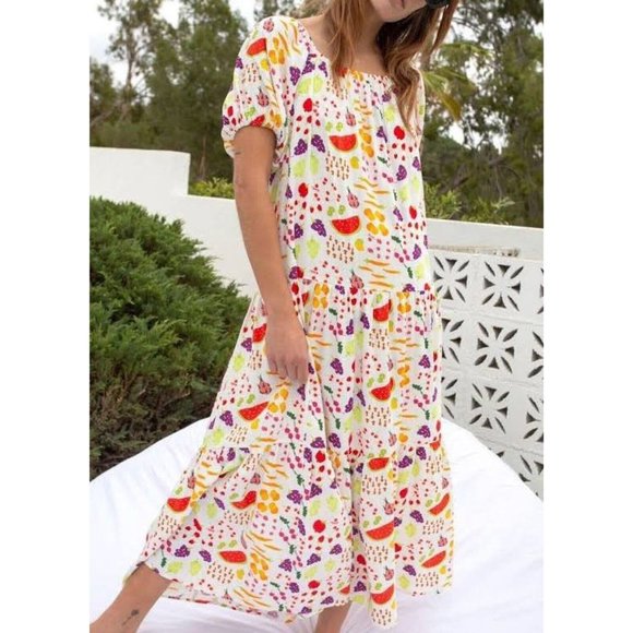 Lisa Says Gah Joni Farmers Market Fruit Food Print Maxi Dress Size Small - Picture 10 of 10